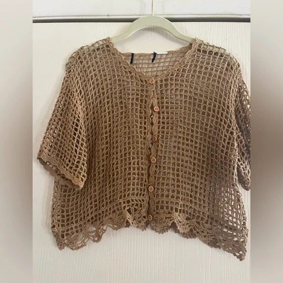 SOLD 💔90s Y2K crochet open weave crop grunge festival sweater M - Picture 2 of 6
